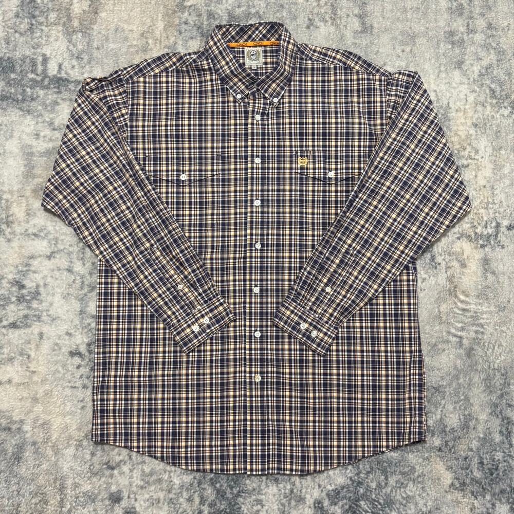Cinch Men's Long Sleeve Western Plaid Button-Down Shirt Navy Yellow Large